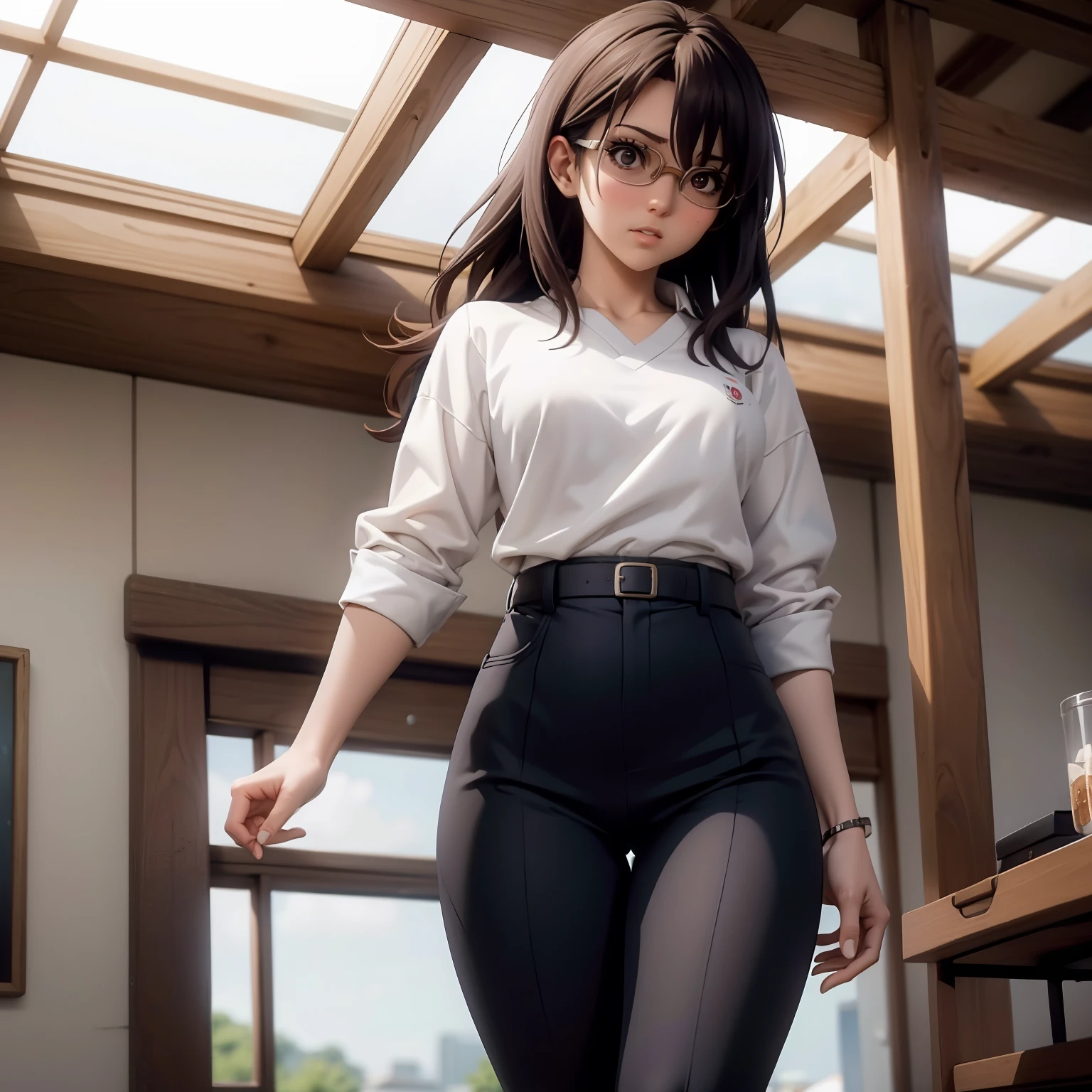 Woman, One, 20 Years old, Japanese, Fit, Pale skin, Rounded breasts, Small breasts, Thick thighs, Fit thighs, Cute face, Brunette hair, Long hair, Glasses, Office pants, Tight top, Intricate clothes, Full body, Standing, Cinematic light, Makoto Shinkai, Masterpiece, Anime, dynamic angle