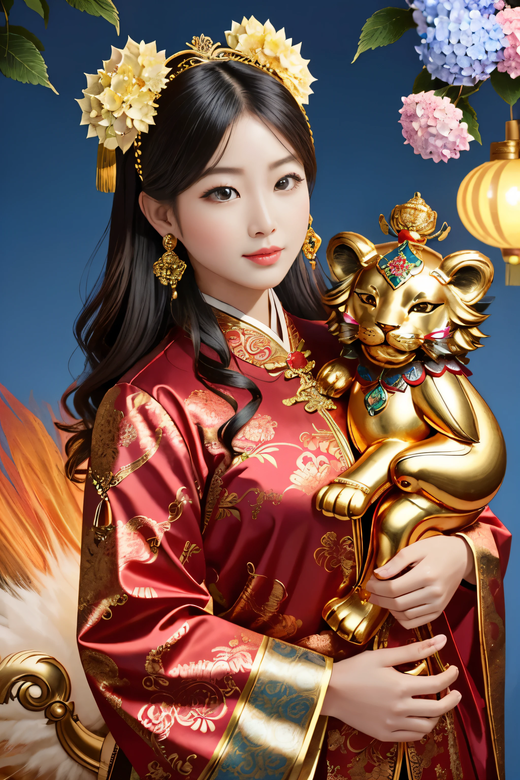 (Best picture quality, 4k,8k, high quality, masterpiece :1.2), super detail, (realistic, realistic, realistic :1.37), in the New Year festival, traditional lion dance performance, (a girl holding red gold thread hydrangea:1.3), a powerful lion dance, constantly blinking eyes and shaking head, girl and lion dance, lion head beautifully made, red jewel eyes, Blue jewel forehead decoration, ornate and luxurious lion head artwork, Chinese elements, traditional cultural background, traditional craftsmanship, exquisite handcrafting, opulent, majestic, sparkling gemstones, lifelike details, bright colors, shiny polished surfaces, decorative pieces, East Asian heritage, cultural heritage, antiques, bronze sculptures, symbols of power and strength, traditional lion dance, Eye-catching center, sophisticated design, authentic presentation, impressive craftsmanship.