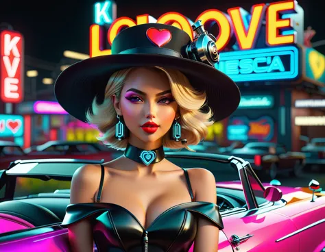 Neon sign "Love" (test "Love") instead of the registration number on the convertible, driving a gorgeous model in an off-the-sho...