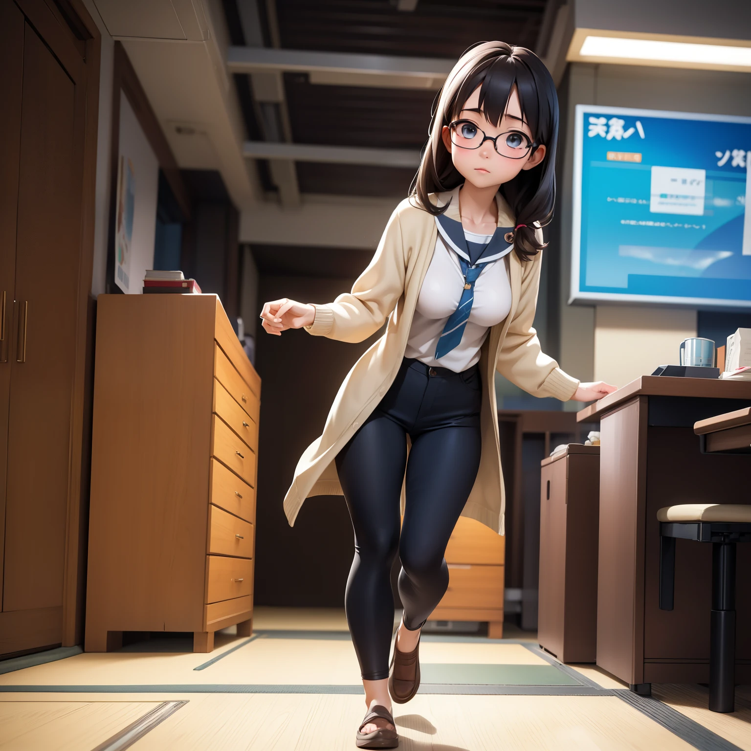 Woman, One, 20 Years old, Japanese, Fit, Pale skin, Rounded breasts, Small breasts, Thick thighs, Fit thighs, Cute face, Brunette hair, Long hair, Glasses, Office pants, Tight top, Intricate clothes, Full body, Standing, Cinematic light, Makoto Shinkai, Masterpiece, Anime, dynamic angle