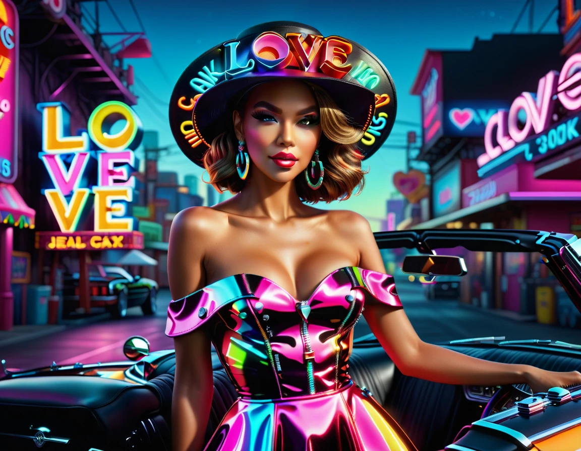 Neon sign "Love" (text "Love") instead of the registration number on the convertible, driving a gorgeous model in an off-the-shoulder dress and a hat, hyper detailed, , sharp focus, intricate details, highly detailed, close-up, neon ambiance, abstract black oil, gear mecha, detailed acrylic, grunge, intricate complexity, rendered in unreal engine, photorealistic, with the caliber of 8k artistic photography. High Resolution, High Quality, Masterpiece. 