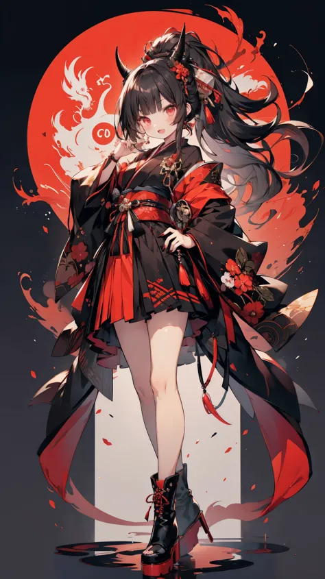 miyu miyuki chuuha nue the red dragon demon, 1girl, solo, long hair, very long hair, horns, black hair, tail, black nails, ponyt...