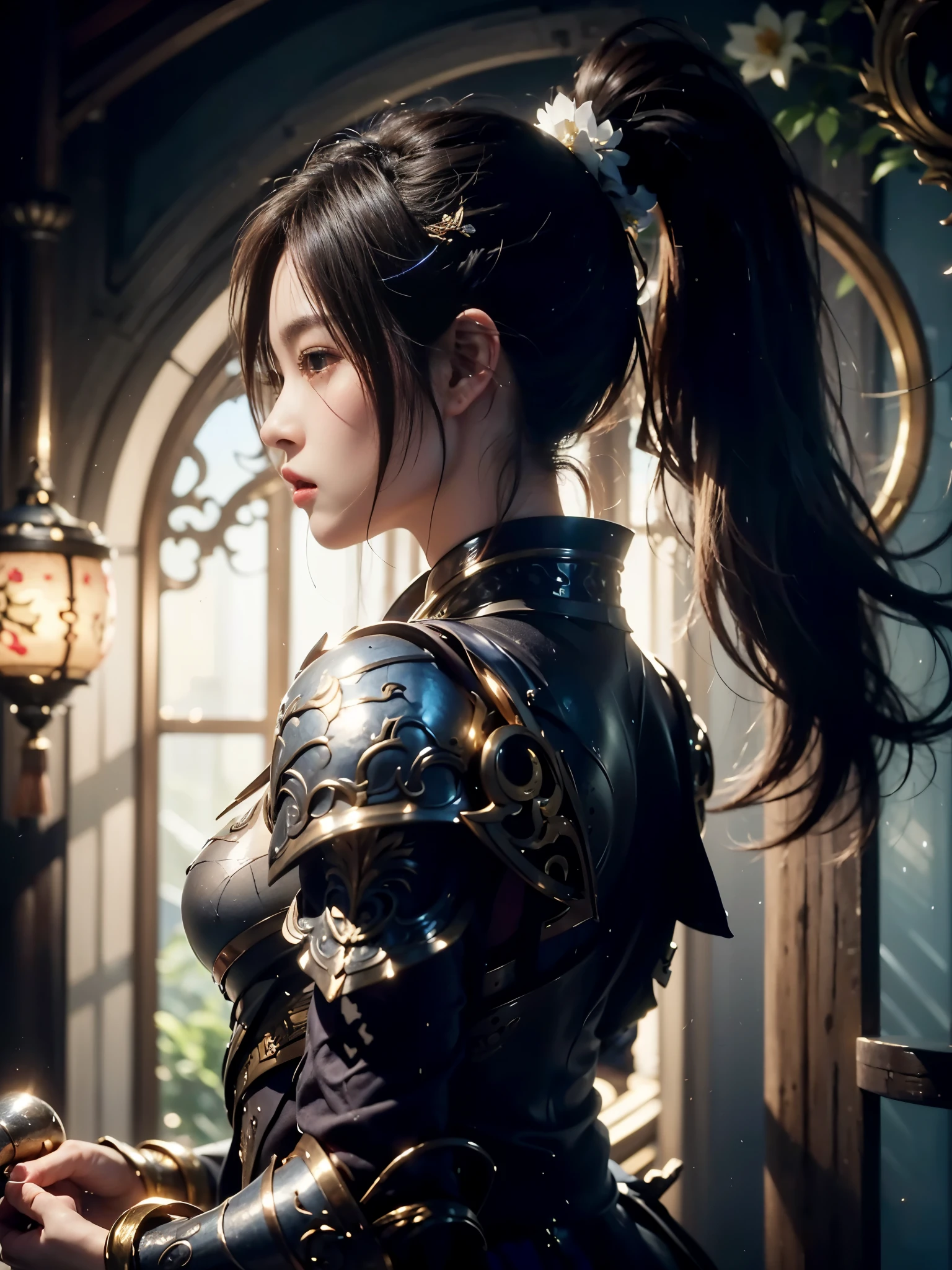 (high quality), (masterpiece), (detailed), 8K, Surreal elastic futuristic depiction (1 girl 1.2), perfect face，profile，high ponytail，Chinese character wearing complex armor. Meticulous details reflect the fusion of tradition and innovation, Create visually stunning and powerful compositions. Popular topics on ArtStation,Upper body shot，Character centered，from below