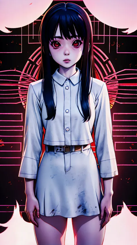 Japanese uniform school girl, 90s anime, horror anime gore with blood, ghost
