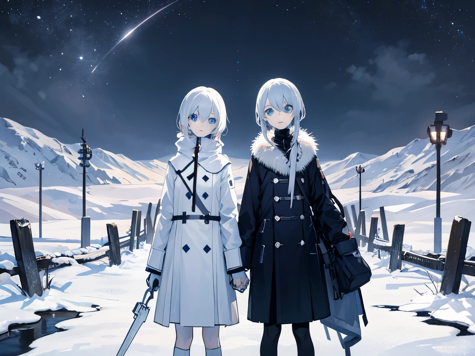 dystopian twins,hold hands,same height,whiteい髪,blue eyes,Winter gear,desolation,night,despair,hollow,snow,white,decadence,Danmei,identical twins,A world of just two,,masterpiece,Highest image quality,Key Visual