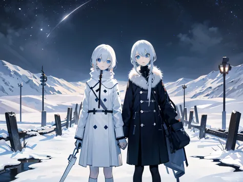 dystopian twins,hold hands,same height,whiteい髪,blue eyes,Winter gear,desolation,night,despair,hollow,snow,white,decadence,Danmei...