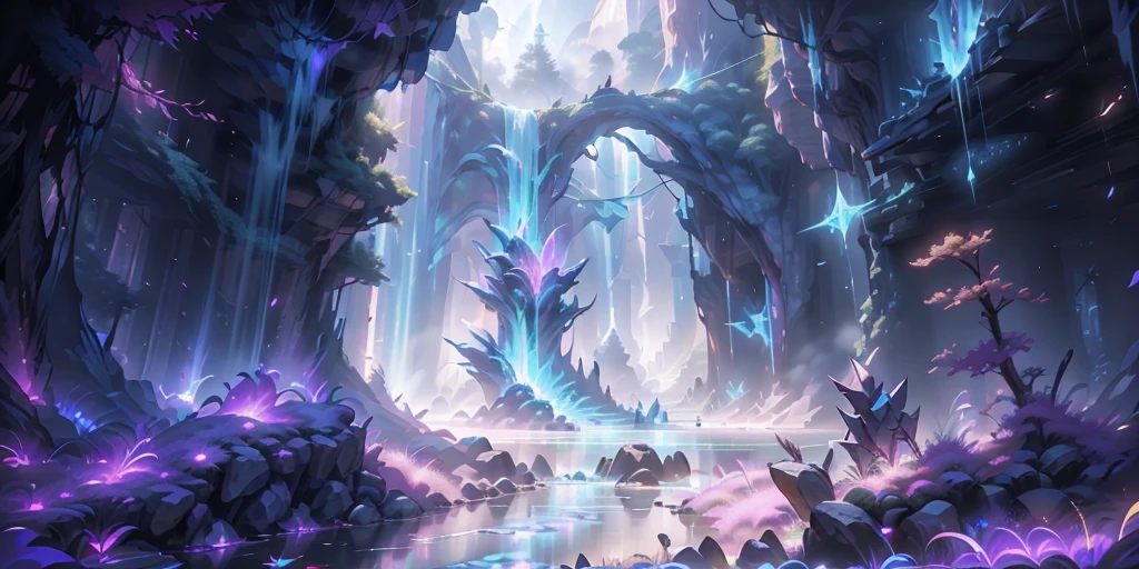 There is a very large waterfall，There is light coming out of it, concept art magical highlight, 8k hd wallpaperjpeg artifact, 8k hd wallpaperjpeg artifact, league of legends arcane, floating sigils, floating runes, spirits coming out of portal, matte painting arcane dota pixar, luminescent concept art