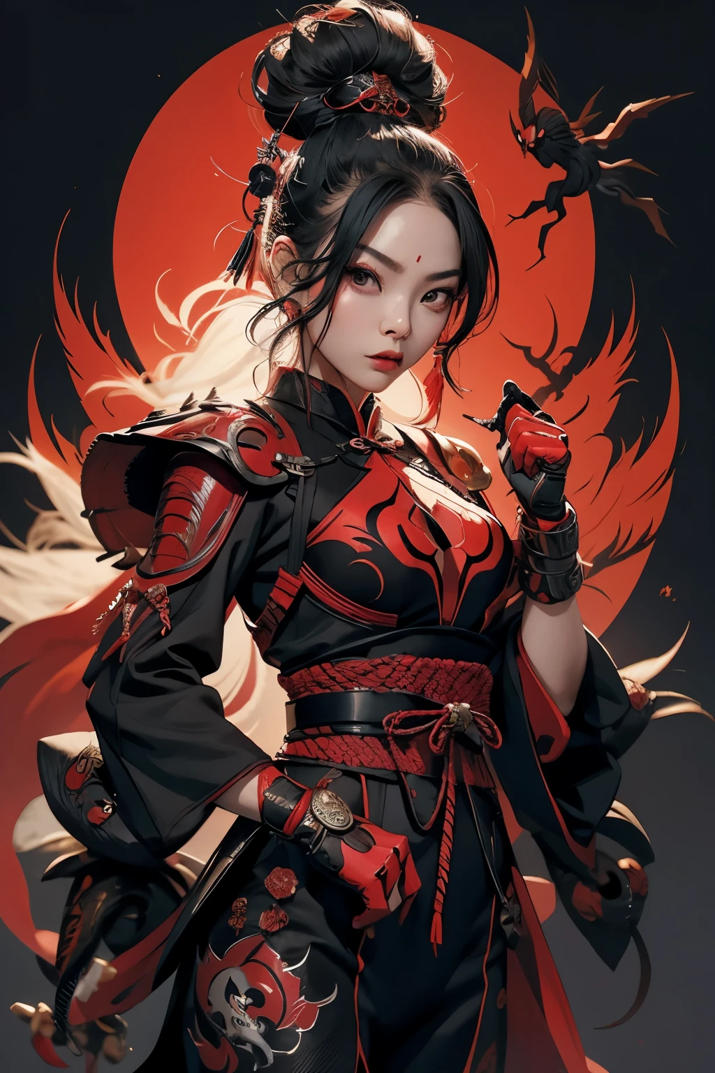 1girl, half spider woman, grown woman, japanese art, chinese art, angry, warrior, fully clothed, modest clothing, fighter, serious, warrior attire, killer, serious, cinematic, finely detailed, fangs, symbols on body, claws, african woman, black woman, baggy clothing, loose clothing, traditional japanese clothing, masculine woman, arachnid, spider