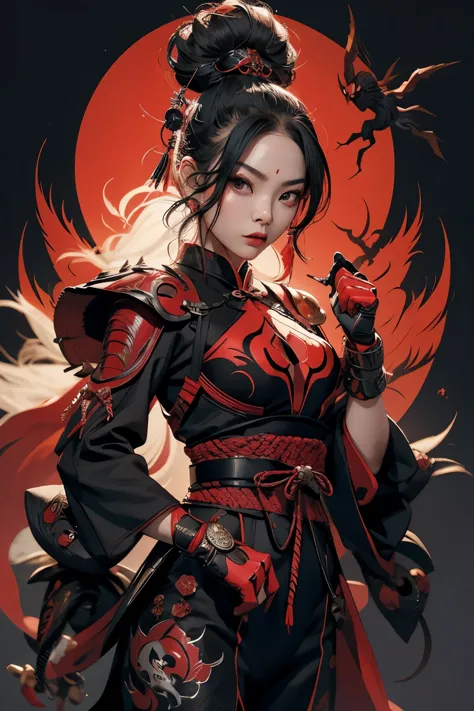 1girl, half spider woman, grown woman, japanese art, chinese art, angry, warrior, fully clothed, modest clothing, fighter, serio...