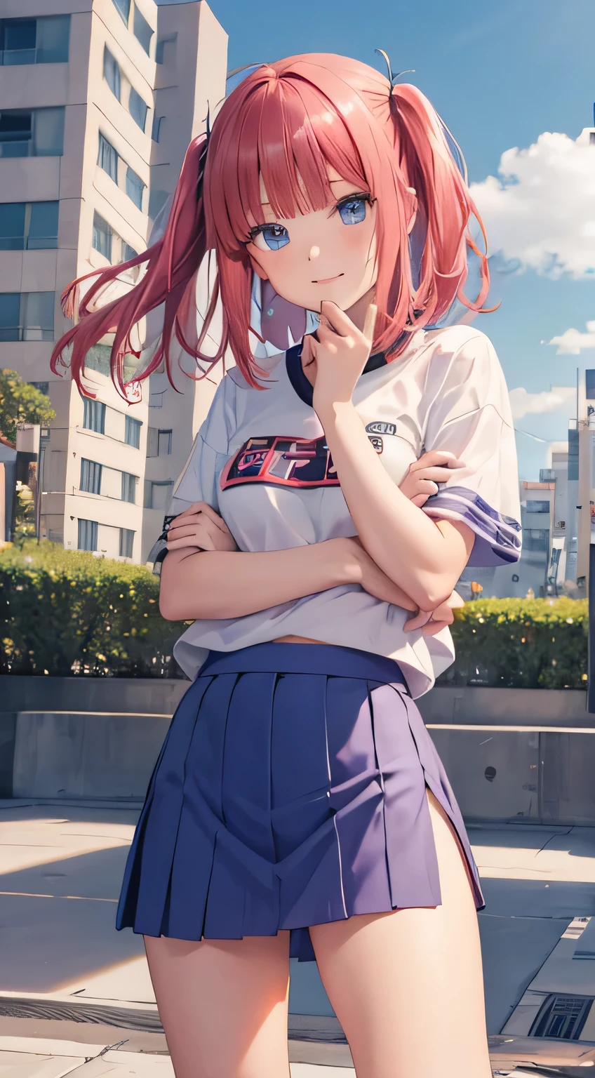 Anime girl with red hair and blue skirt posing for a picture - SeaArt AI