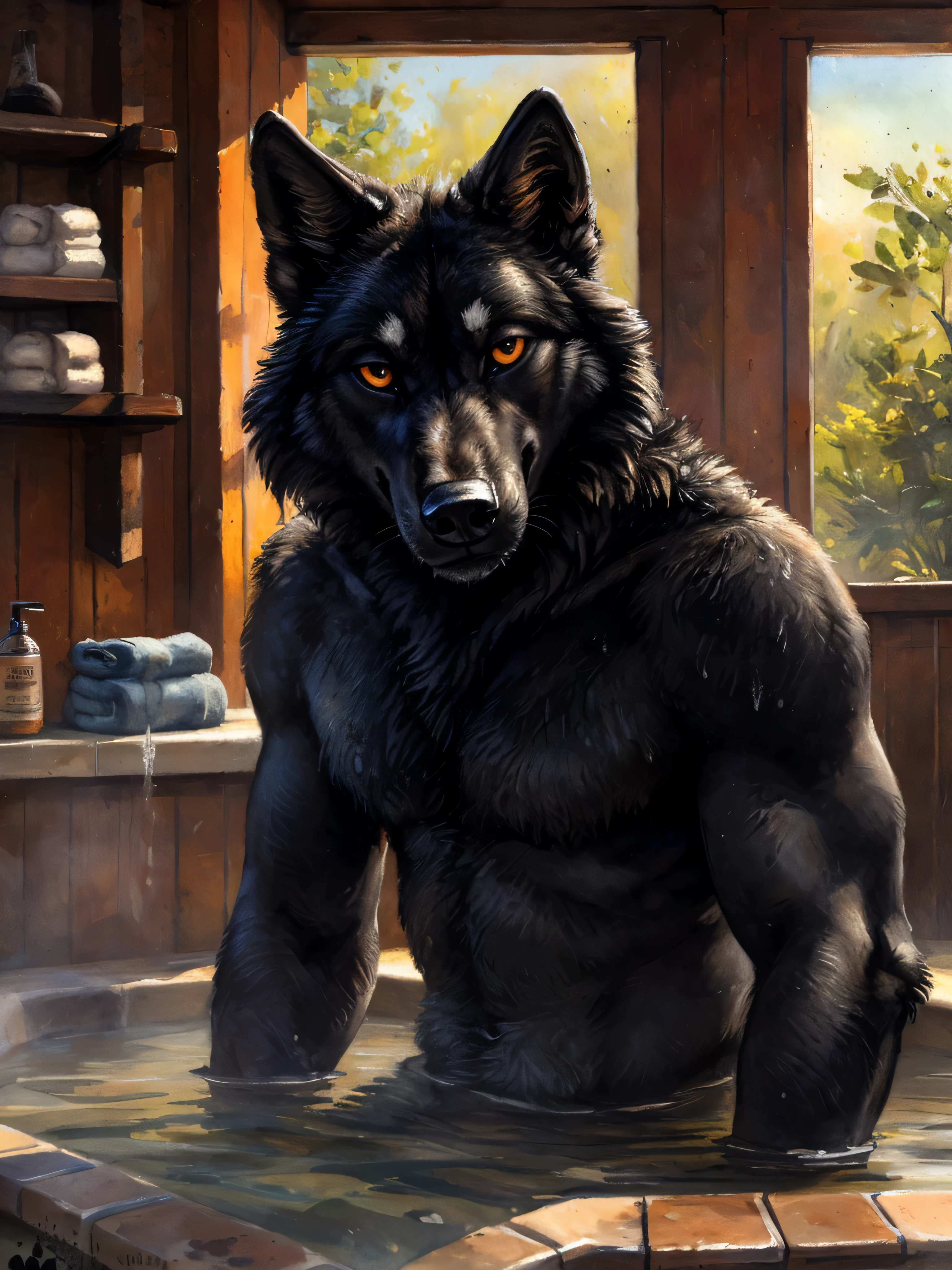 symmetrical eyes, dark retinas, ((large wide eyes, staring intensely at camera, front view)), ((solo)), male, anthro (black wolf), (wolf tail), (sheath, (balls)), ((black fur, thick fur, furry body)), (muscular, beefy), by blotch, by kenket, (masterpiece, high quality, 8k, perfect hands, correct anatomy:1.2), ((taking a bath)), ((mature male)), sexy, ((detailed background)),