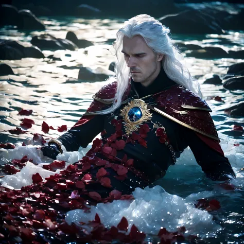 Create an AI-generated image depicting the death of Rhaegar. His corpse half sunk in the water. His platinum hair waving with th...