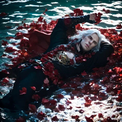 Create an AI-generated image depicting the death of Rhaegar. Lying in the water. His corpse half sunk in the water. His platinum...