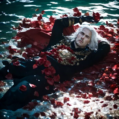 Create an AI-generated image depicting the death of Rhaegar. Lying in the water. His corpse half sunk in the water. His platinum...