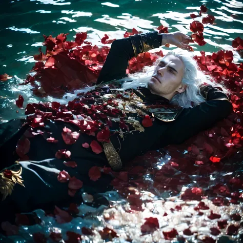 Create an AI-generated image depicting the death of Rhaegar. Lying in the water. His corpse half sunk in the water. His platinum...