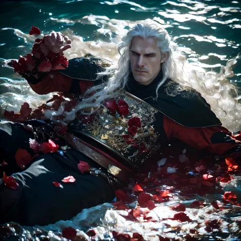 Create an AI-generated image depicting the death of Rhaegar. Lying in the water. His corpse half sunk in the water. His platinum...