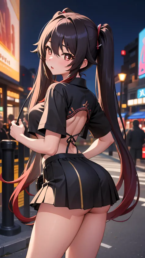 masterpiece, best quality, HuTaoV4, 1girl, solo, blush, twintails, long hair, hair between eyes, ((streetwear clothes)), city, outdoors, night, movie poster, extremely detailed 8K, smooth, high resolution, ultra quality, cinematic lighting, ambient occlusion, hd, 2k, 4k, 8k, 16k, extremely detailed anime, detailed faces, perfect composition, wide shot, atmospheric lighting, very sexy, lift skirt, random low back angle, uncensored, nsfw, sin censura