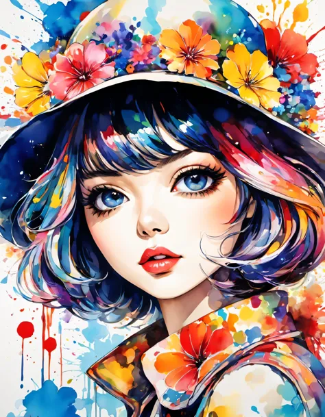 beautiful woman portrait, Sylvia Pelissero watercolors, colorful flowers、beautiful eyes、 abstract art, intense watercolor, water...