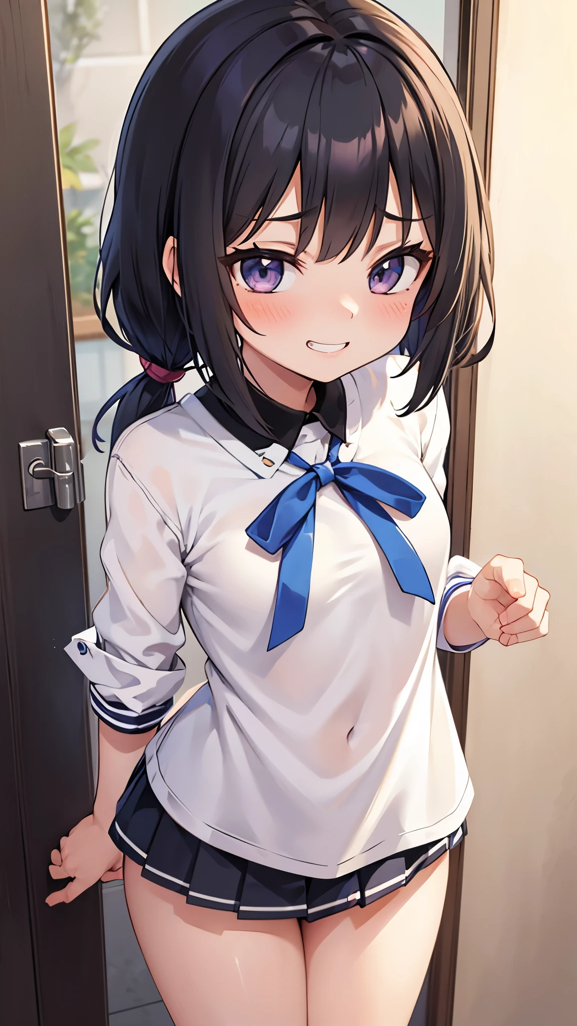 Anime girl with black hair and blue eyes posing in front of a door - SeaArt  AI