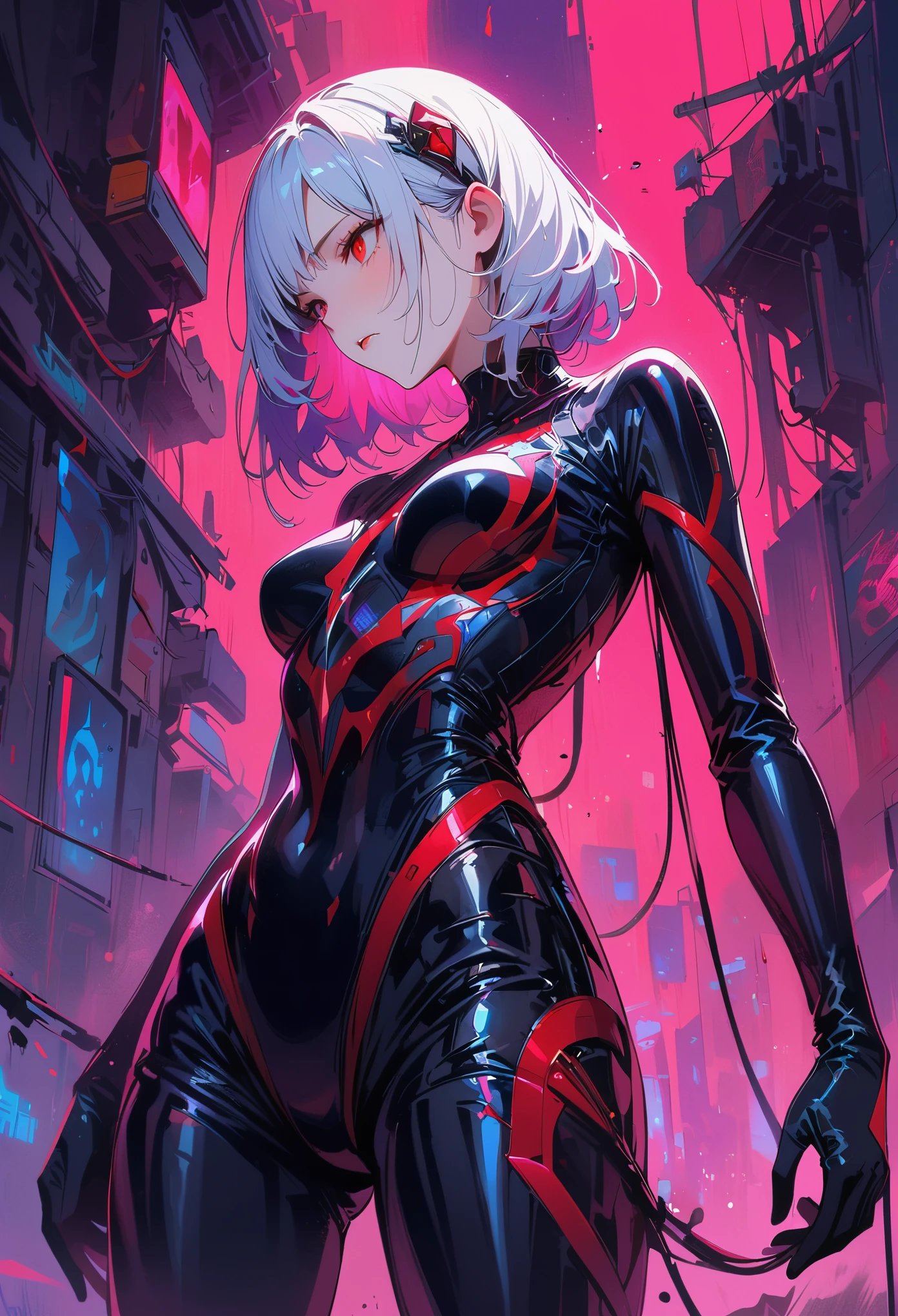 masterpiece， best quality， 8K， Digital painting， 1 girl， solo， stand up， youth， White hair， long white hair， hair accessories， red eyes， round pupils， Emotionless expression， blood stains， Mechanical Parts， electric wire， cable， failure effect， horrifying， science fiction， futuristic， Dark inside the background， neon lights， cyberpunk characters， Surreal， weird， Disturbing， spine-chilling， horrifying， jumpsuit，Red eyes，Venom Possession，blackened，Long black gloves，One-piece Pants，tight latex bodysuit，Highlight her graceful figure,wrap the whole body，symbiont，（（Raised sexy）），jumpsuit，Red eyes，Venom Possession，blackened，Long black gloves，One-piece Pants，Black latex clothing，Blood-red eyes，best quality, High resolution, Super detailed, Vivid textures, mask, tight latex bodysuit, Bangs,purple hair, blue eyes
