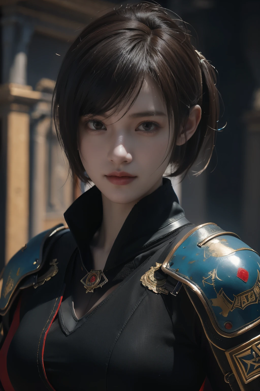 Masterpiece,Game art,The best picture quality,Highest resolution,8K,(Portrait),Unreal Engine 5 rendering works,(Digital Photography),
Girl,Beautiful pupil,(Gradual short hair is blue and red),Busty,(Big breasts),(Portrait photography:1.5),
(Soldiers of the ancient fantasy style),Ancient soldier armor,(The armor is inlaid with leather and metal,Combat accessories,Joint Armor,Cloak,A fine badge pattern on the dress,Red and black),Ancient fantasy style characters,
Movie lights，Ray tracing，Game CG，((3D Unreal Engine))，OC rendering reflection pattern