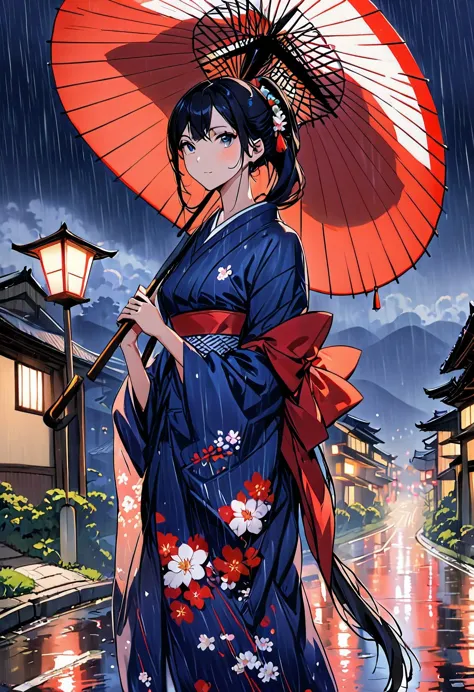 in the rain　Holding a Japanese umbrella　black hair　Japanese style road　beauty in return　Ai yukata　Ｄcup　skinny　Height is about 150cm　night　gaslight　long flowing straight hair　Ladylike　Are standing　Kyoto Pontocho　Looking back here　Kimono is not&#39;not very ...