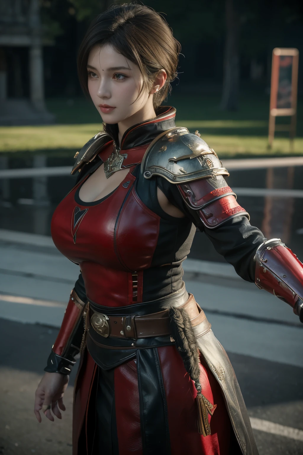 Masterpiece,Game art,The best picture quality,Highest resolution,8K,(Portrait),Unreal Engine 5 rendering works,(Digital Photography),
Girl,Beautiful pupil,(Gradual short hair is blue and red),Busty,(Big breasts),(Portrait photography:1.5),
(Soldiers of the ancient fantasy style),Ancient soldier armor,(The armor is inlaid with leather and metal,Combat accessories,Joint Armor,Cloak,A fine badge pattern on the dress,Red and black),Ancient fantasy style characters,
Movie lights，Ray tracing，Game CG，((3D Unreal Engine))，OC rendering reflection pattern