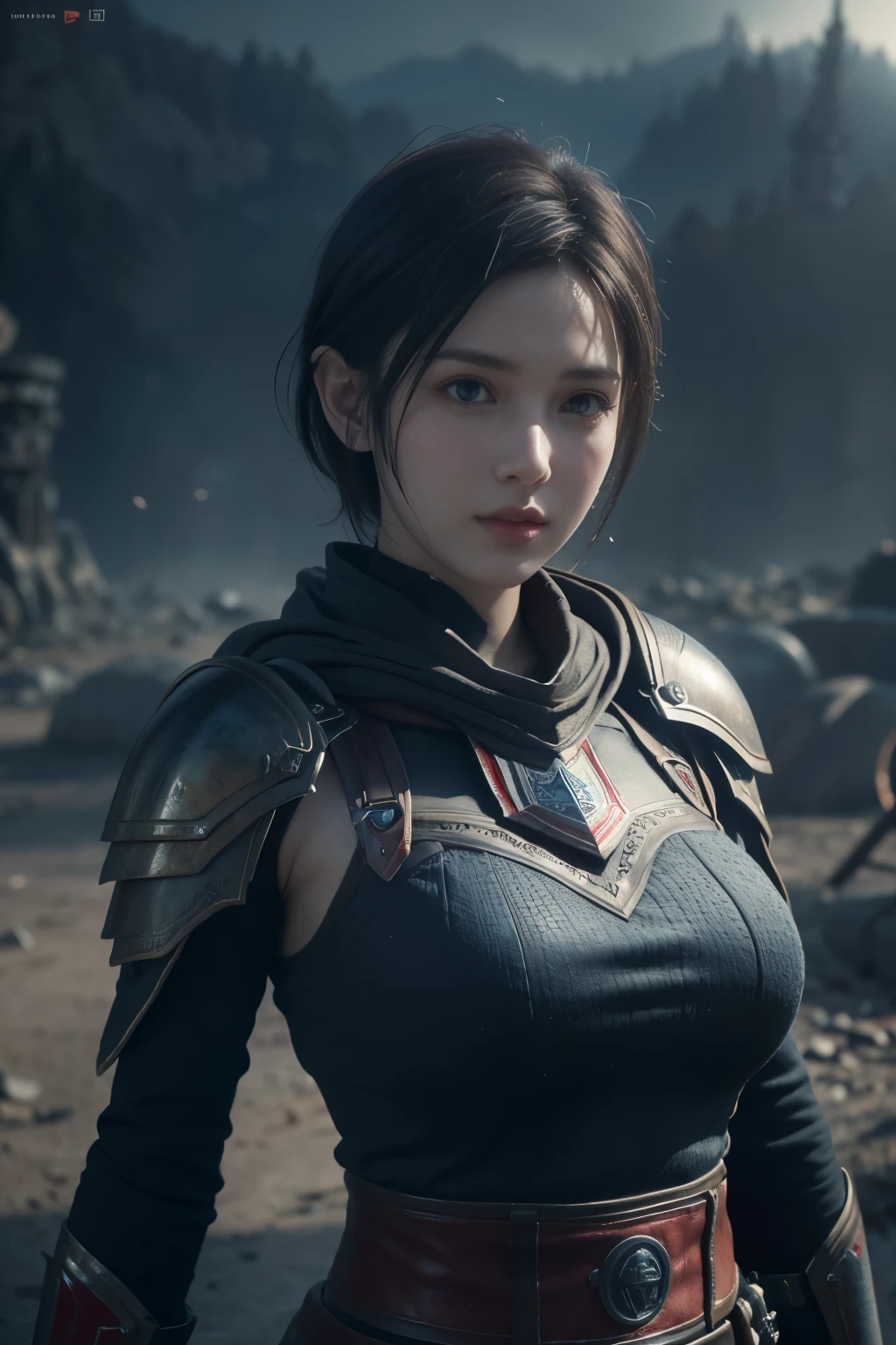 chef-d&#39;œuvre,art du jeu,La meilleure qualité d&#39;image,la plus haute résolution,8k,(portrait),Le rendu Unreal Engine 5 fonctionne,(la photographie numérique),
fille,belle élève,(Les cheveux courts progressifs sont bleus et rouges),gros seins,(gros seins),(portrait photography:1.5),
(Soldats du style fantastique antique),Armure de soldat antique,(L&#39;armure est incrustée de cuir et de métal,Accessoires de combat,Armure commune,manteau,Un fin motif badge sur la robe,rouge et noir),Personnages de style fantastique antique,
lumières de cinéma，tracé laser，jeu cg，((Moteur irréel 3D))，Modèle de réflexion du rendu OC