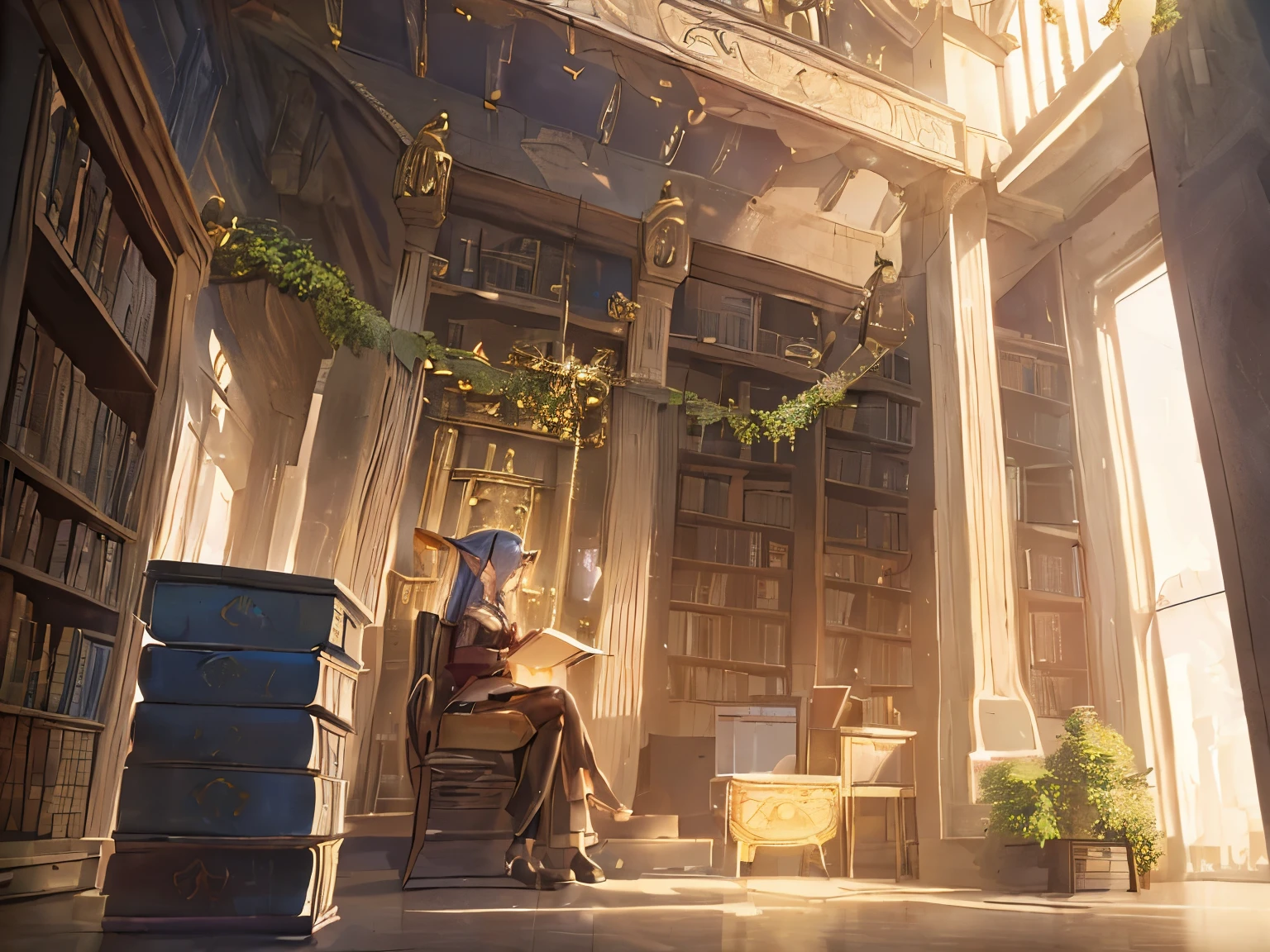 (masterpiece,best quality,ultra detailed:1.2),
Lens Flare, 
Countless grimoires piled up to the ceiling, 
from above, 
The background is also filled with countless books, 
A beautiful girl with elf ears sits on a pedestal in the center, 