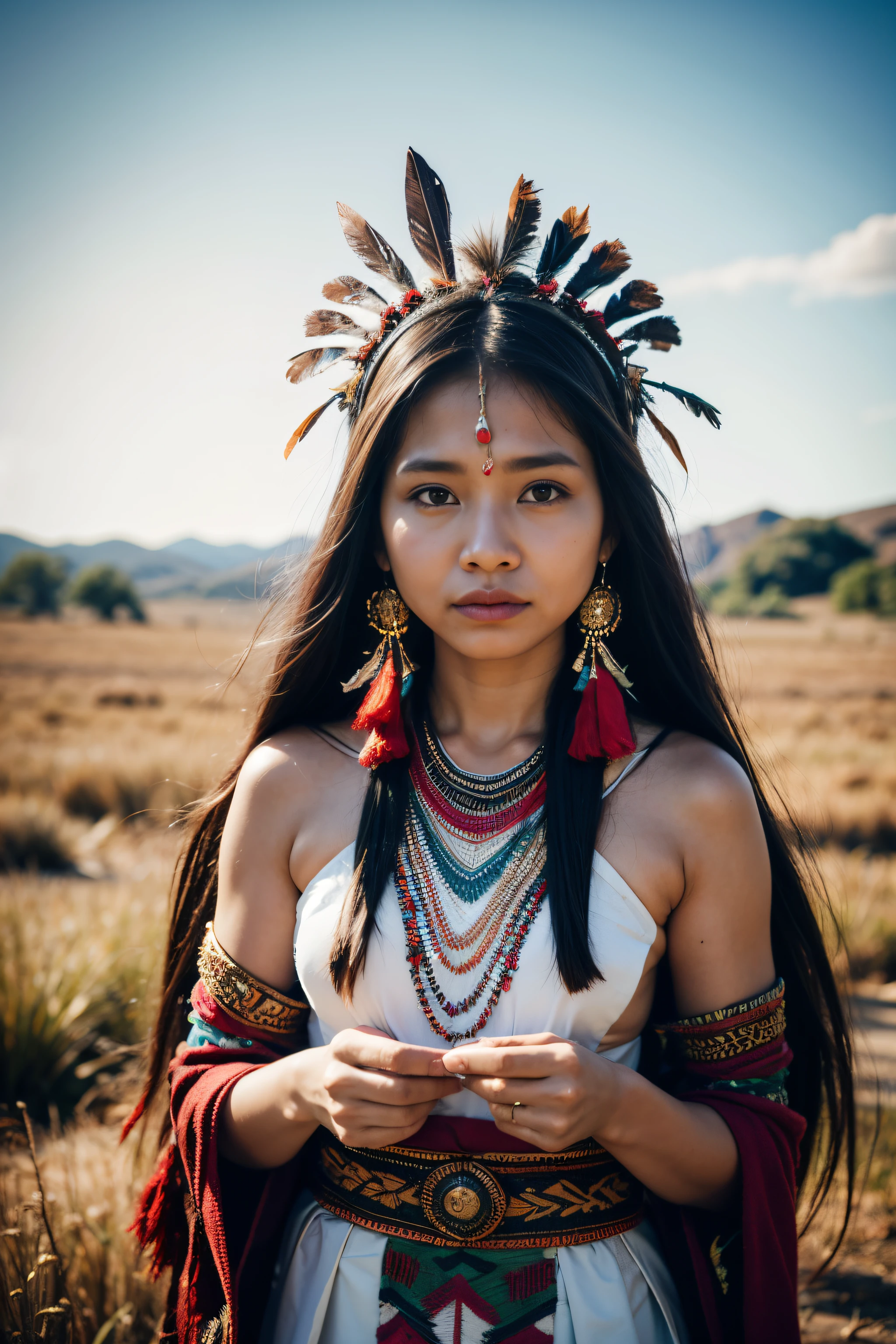 8К, высшее качество, ультра детали, Коренная женщина, Традиционный наряд, головной убор из перьев, племенные узоры, природный фон, гордое выражение, Культурное наследие