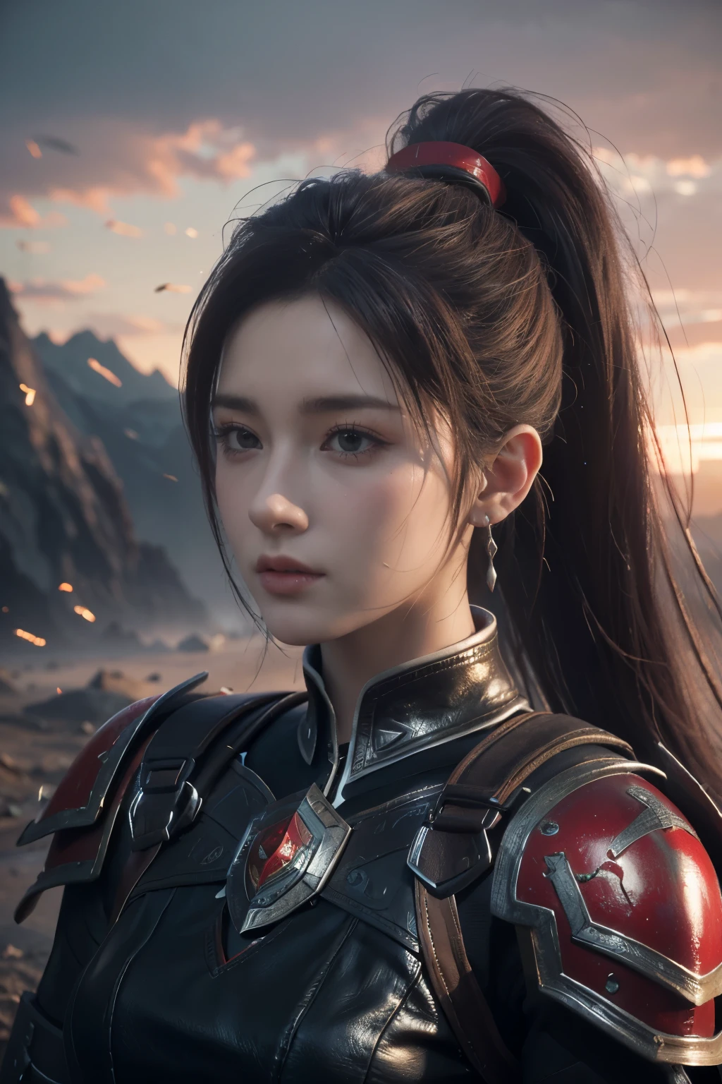 Masterpiece,Game art,The best picture quality,Highest resolution,8K,(Portrait),Unreal Engine 5 rendering works,(Digital Photography),
Girl,Beautiful pupil,(Gradual Long ponytail hair is blue and red),Busty,(Big breasts),(Portrait photography:1.5),
(Soldiers of the ancient fantasy style),Ancient soldier armor,(The armor is inlaid with leather and metal,Combat accessories,Joint Armor,Cloak,A fine badge pattern on the dress,Red and black),Ancient fantasy style characters,
Movie lights，Ray tracing，Game CG，((3D Unreal Engine))，OC rendering reflection pattern