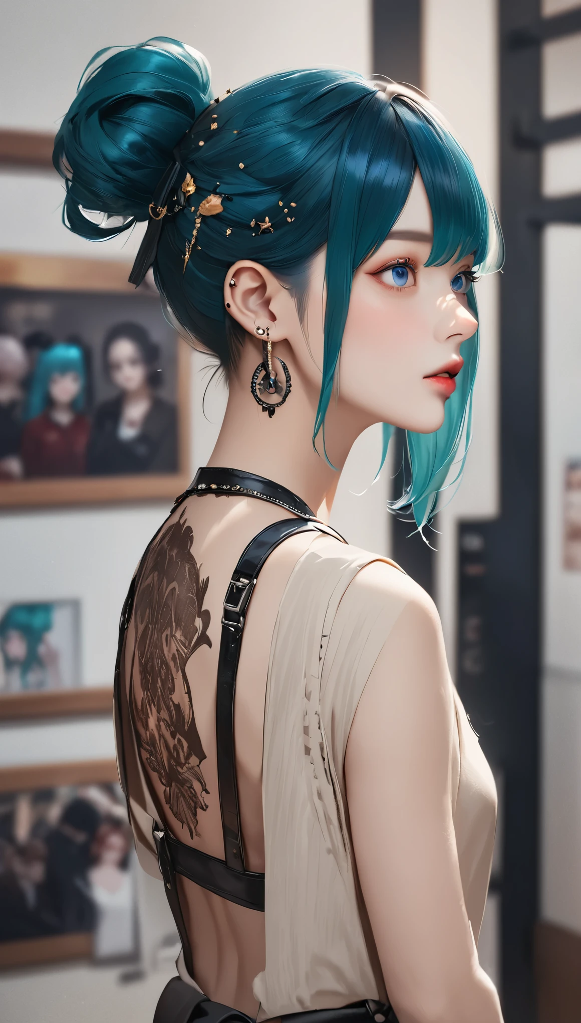 Raw photo、realistic、Realistic-oriented、hair ornaments、earrings、tattoo、goth_punk, 1 girl, alone,、highest quality, realistic, Super delicate illustration, Beautiful and attractive girl, miku hatsune, slender body, tied hair, one girl, girl pictures, full body shot, beautiful blue eyes, looked back,ear nipple rings、hair ornaments、gem、miku hatsune、Raw photo、masterpiece:1.5、highest quality、ultra high resolution、medium depth of field、Movie section、