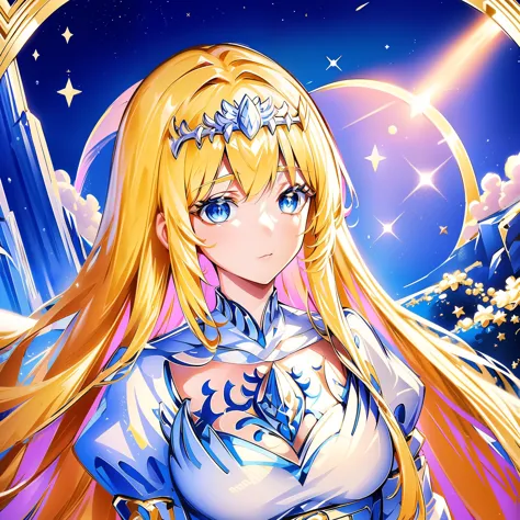 (masterpiece, best quality),  intricate details, 8k, artstation, sharp focus, 1girl, star guardian, (cool color theme),  1girl, Calca, blonde hair, extremely long hair, white tiara, tiara on her head, white dress, blue eyes, medium breasts