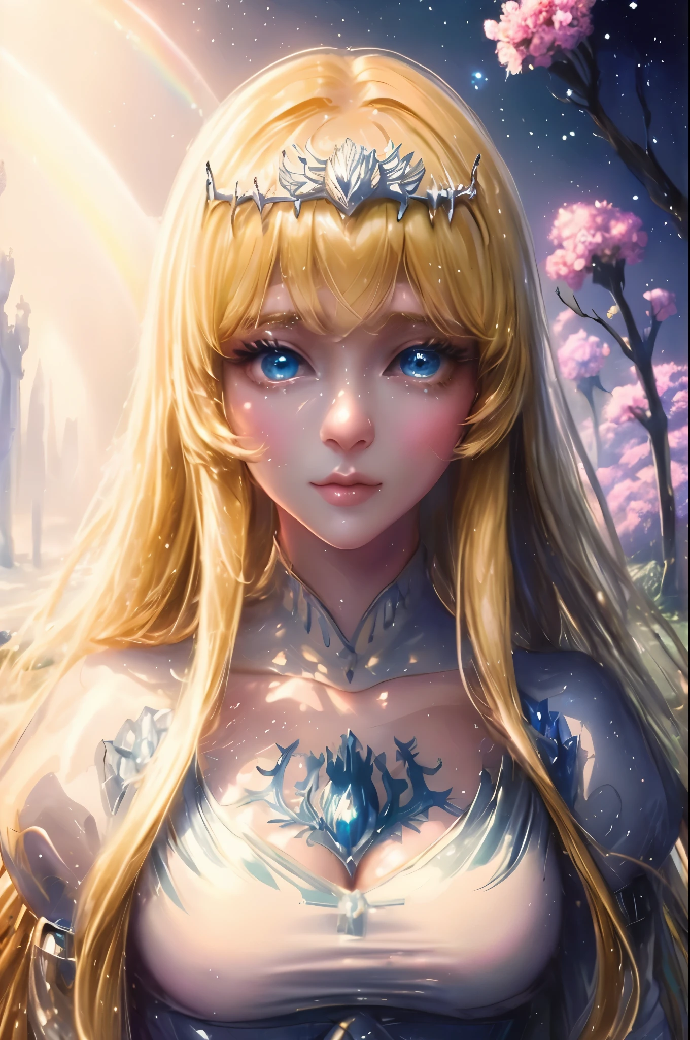 (High quality, 8K), (Soft light), Rainbow Color, One girl, Detailed face, Detailed eyes, watercolor paiting,  very magical and dreamy, dreamy and detailed, dreamy atmosphere and drama, Gorgeous atmosphere, Beautiful dreamy lighting, dreamy ambiance, Beautiful atmosphere, Dreamy Romantic, Ethereal dreamy theme, Magical atmosphere, Beautiful atmosphere, Anime Background Art, Magical atmosphere + masutepiece, dreamy aesthetic, Beautiful details with atmosphere, many flowers, bubble, water, flower garden, 1girl, solo, Calca, Calca Bessarez, blonde hair, extremely long hair, very long hair, white tiara, white dress, blue eyes, medium chest