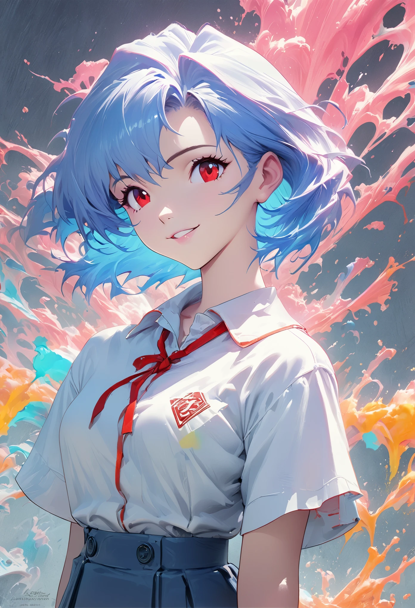 retrato obra maestra de la sonriente Rei Ayanami (Neon Genesis Evangelion), Neon Genesis Evangelion (Hideaki), Cáusticos, ilustración de alta resolución, ojos rojos, femenino, No hay estudiantes, pelo azul,  cabello corto, Escuela de Japonés, mocasines, Fantasma, onda sintetizada, paint Chapoteos, Ilustración de sombra plana, El arte de las matemáticas., Temas populares en ArtStation, Muy detallado, finos detalles, complejo, Chapoteo, trascender, Autopartes, Color neon