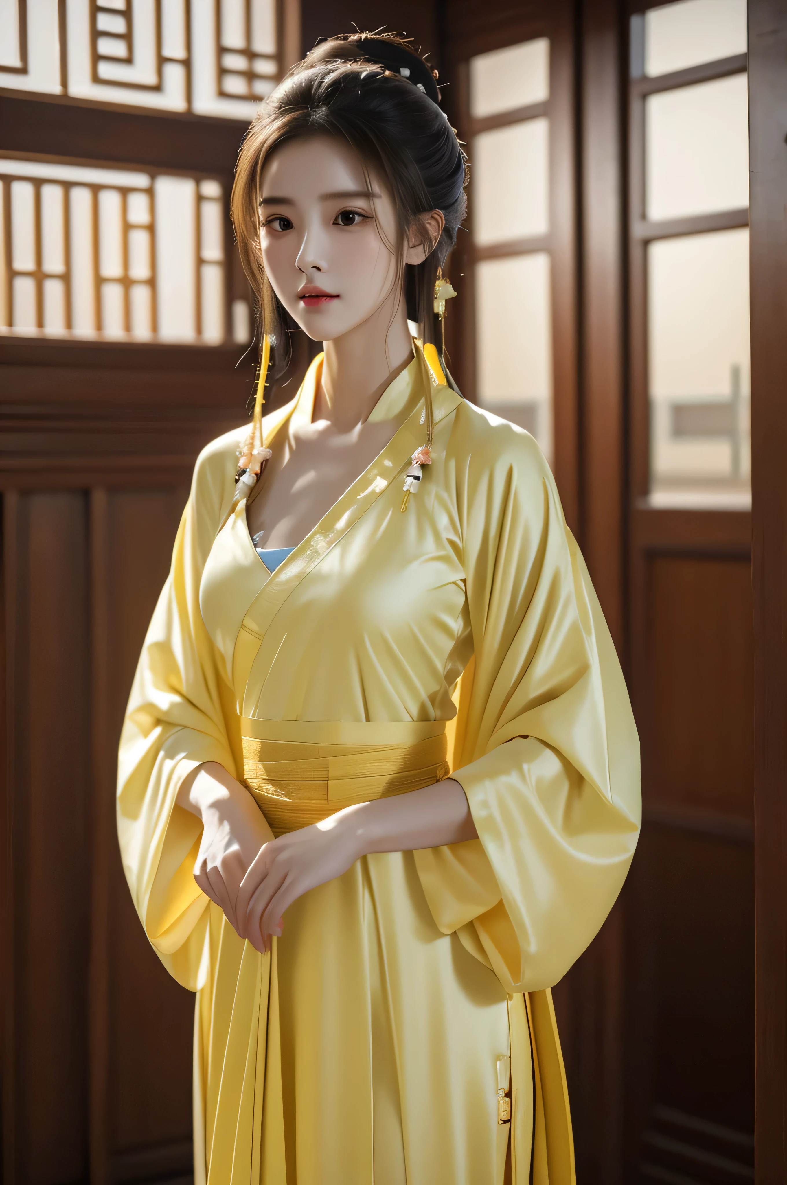 Fair, masterpiece, best quality, extremely detailed face,1 girl, alone，wrap your chest，Light yellow Hanfu，whole body