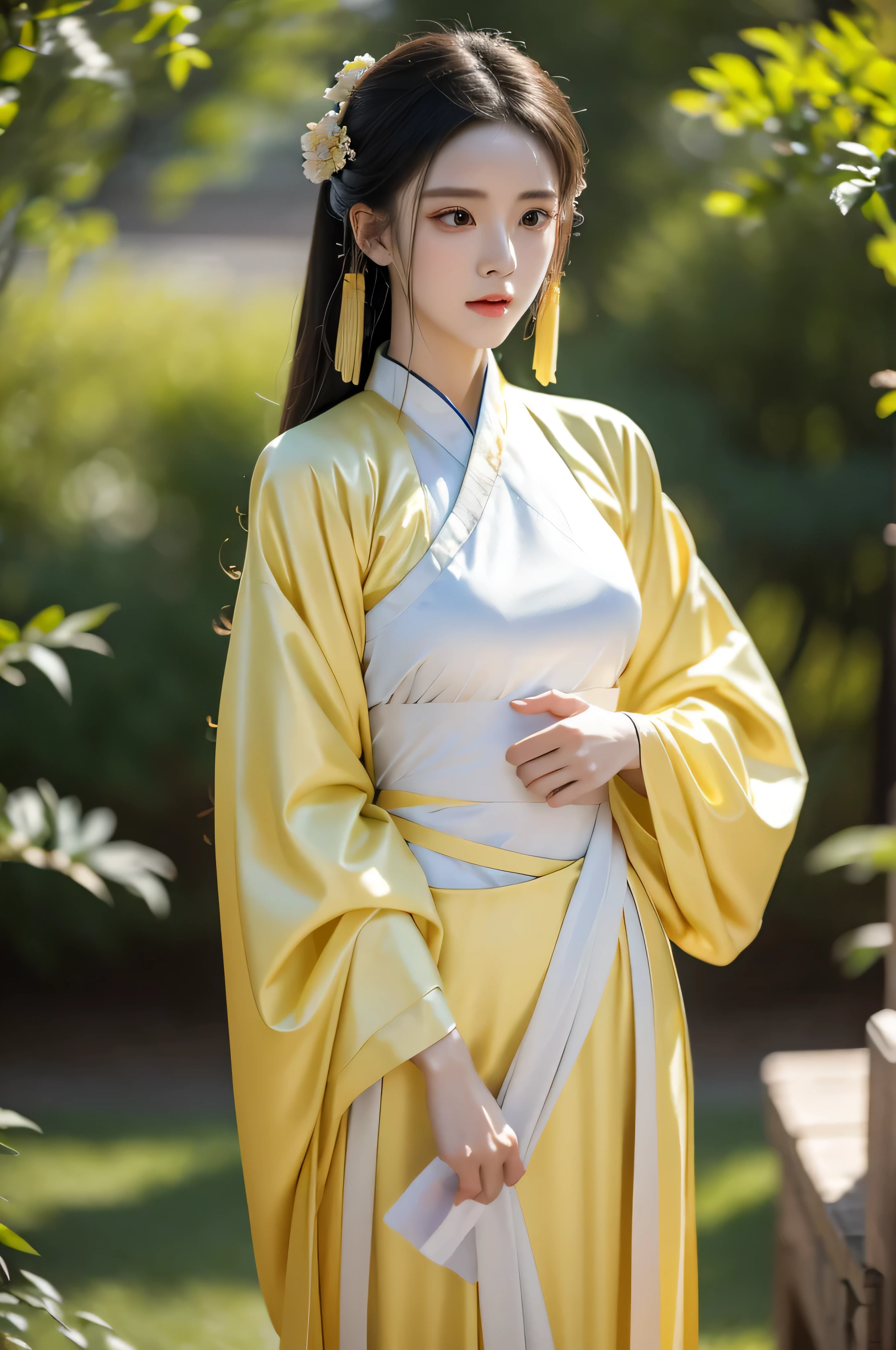 Fair, masterpiece, best quality, extremely detailed face,1 girl, alone，wrap your chest，Light yellow Hanfu，whole body