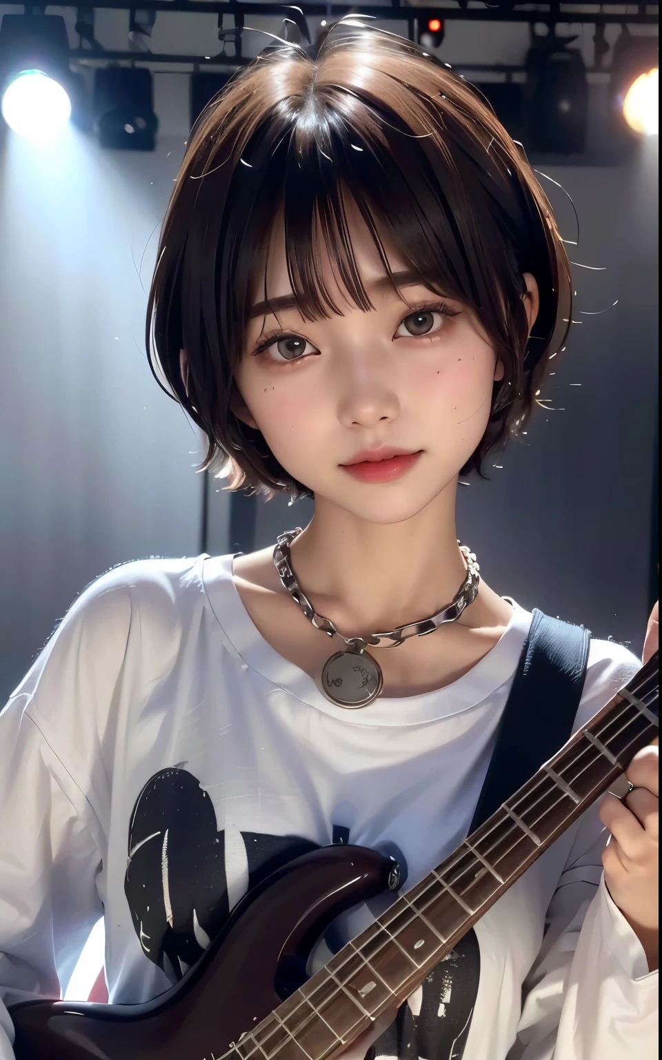 ((highest quality))、(masterpiece:1.4)、Raw photo、8K、((best image quality))、 ((High resolution))、Beautiful face in every detail、realistic human skin、gentle expression、(one woman:1.3 )、realistic、Photoreal、(very short hair:1.4)、(play the bass guitar:1.3)、(on stage:1.3)、((perform at a live concert))、(chain collar:1.3)、Wristband、bracelet、((young woman admires her))、(live music)、(concert)、she has many fans、rock band、(Beautiful woman)、(cute japanese girl)、(boyish:1.3)、(mannish)、((Beautiful woman))、(beautiful hair)、((dark brown hair))、(((red cheeks)))、(Big eyes:1.3)、20 year old beauty、(her face is small:1.5 )、small head、((long neck))、white skin、spotless skin、With bangs、everyone admires、日本のBeautiful woman、((8 heads tall))、(music festival:1.4)、singer、(concert t-shirt)、smile、(oversized clothes:1.3)、happy look、(young people admire her:1.4)