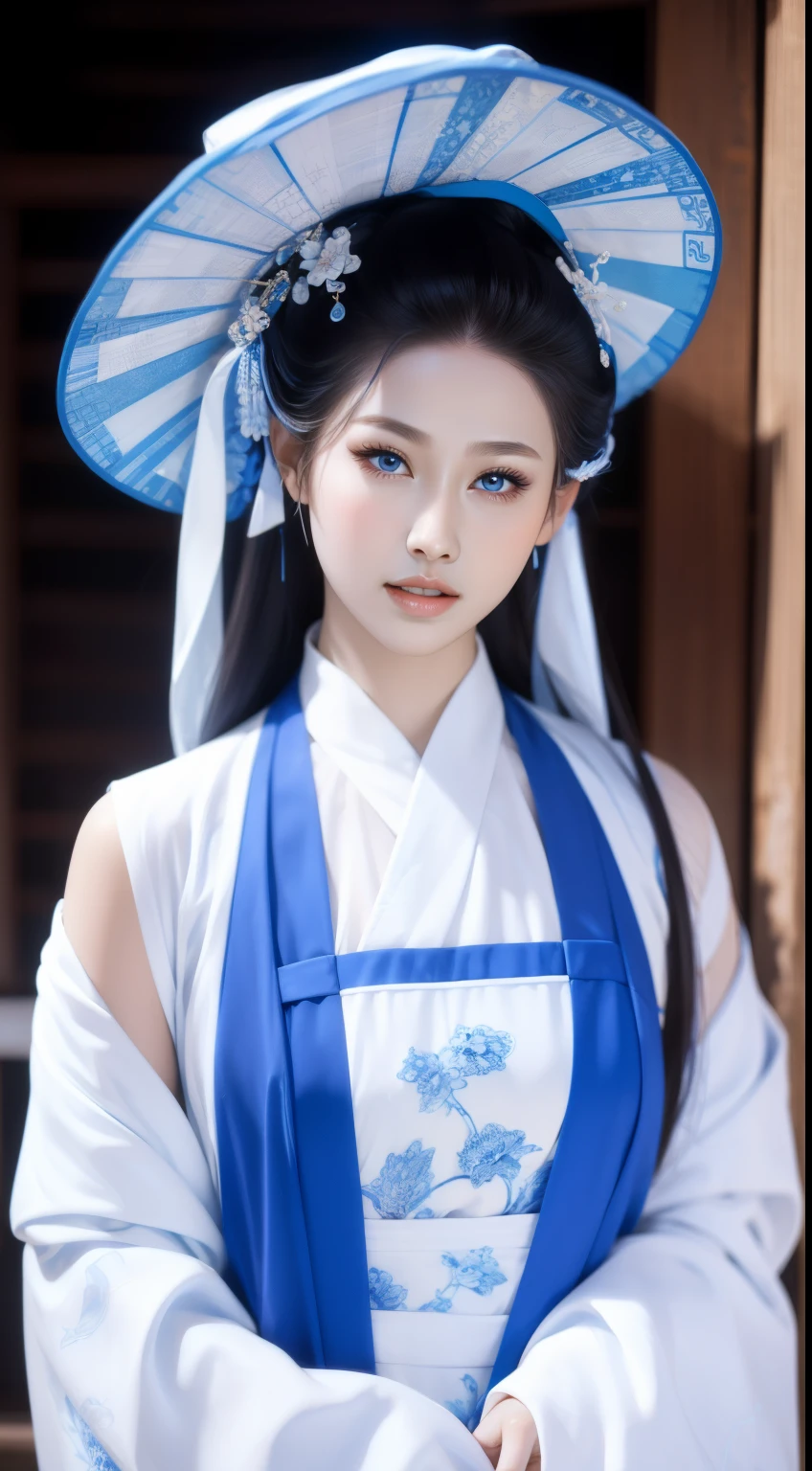 Blue and white porcelain style，Chinese clothing，The clothing is blue and white themed，Chinese art style，fashion model 18 years old [[[[Close-up cleavage]]]], [[[[]]]], [[[[Cole]]]], [[[[bshoulder]]]], perfect eyes, perfect iris，perfect lips，perfect teeth，Perfect skin，fair skin，Soft headlight，high dynamic range，movie girl，long white hair，The expression is melancholy，The background is outdoor，white powder wall，light blue flowers，4k ultra high definition, ultra high resolution, (lifelike: 1.4), best quality，masterpiece，Ultra-diluted，（pastel colors：1.2）