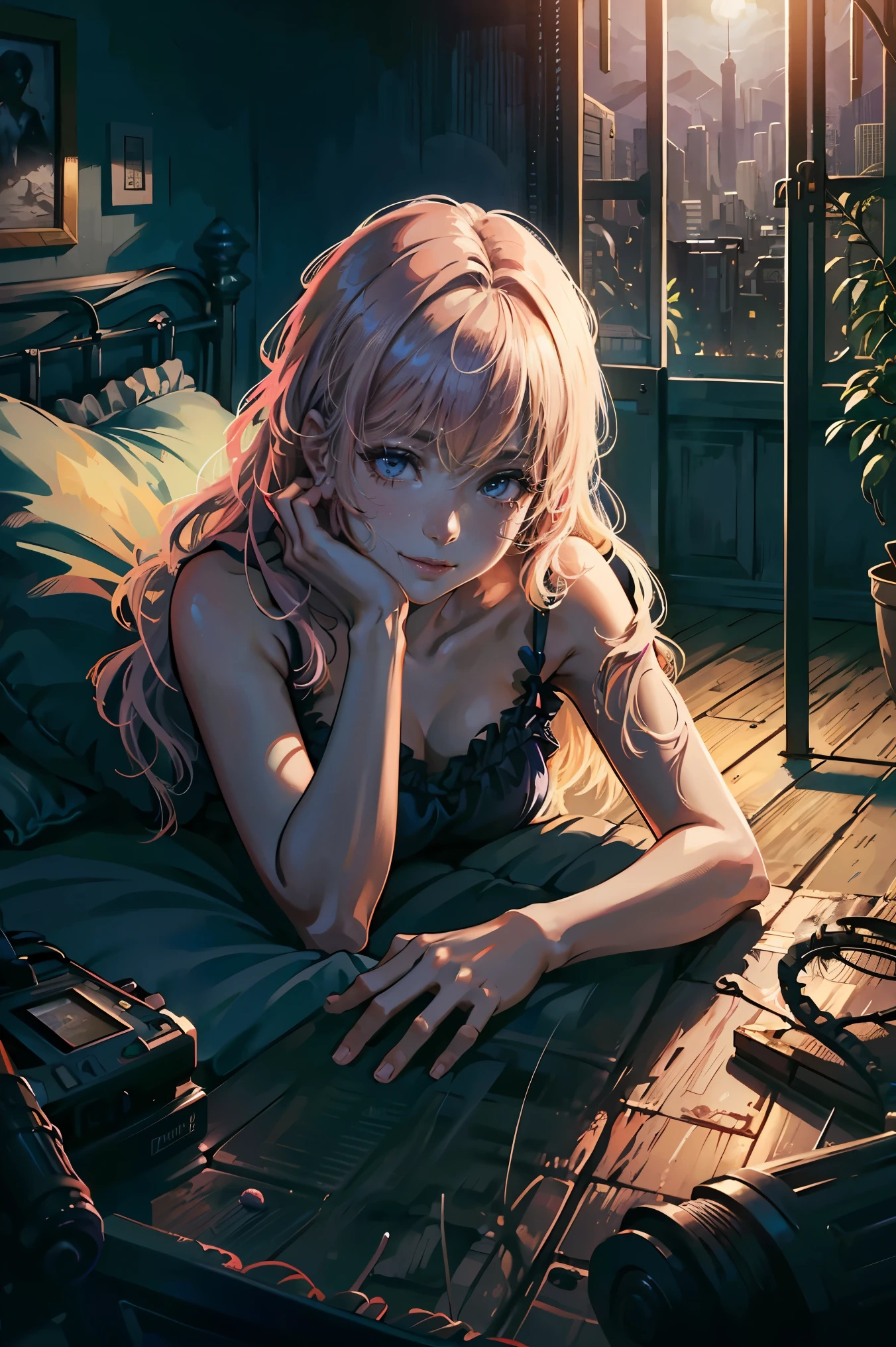 (Best quality,4K,8 k,A high resolution,masterpiece:1.2),Ultra detailed,(realistic,photorealistic,photo-realistic:1.37) Medium shot of a mature pink haired girl wearing a sexy tiny nightgown, lying on her side, looking at the camera and smiling, Bedroom, dark lighting, Dark blue lighting, switch the lights off, Close up camera shot of a girl, lying on her side, No windows, No lighting, night time, night city, window of night city, lying on the side, Girl lying down, the girl lay down on her side, hands anatomy, best 5 fingers , shadow place 