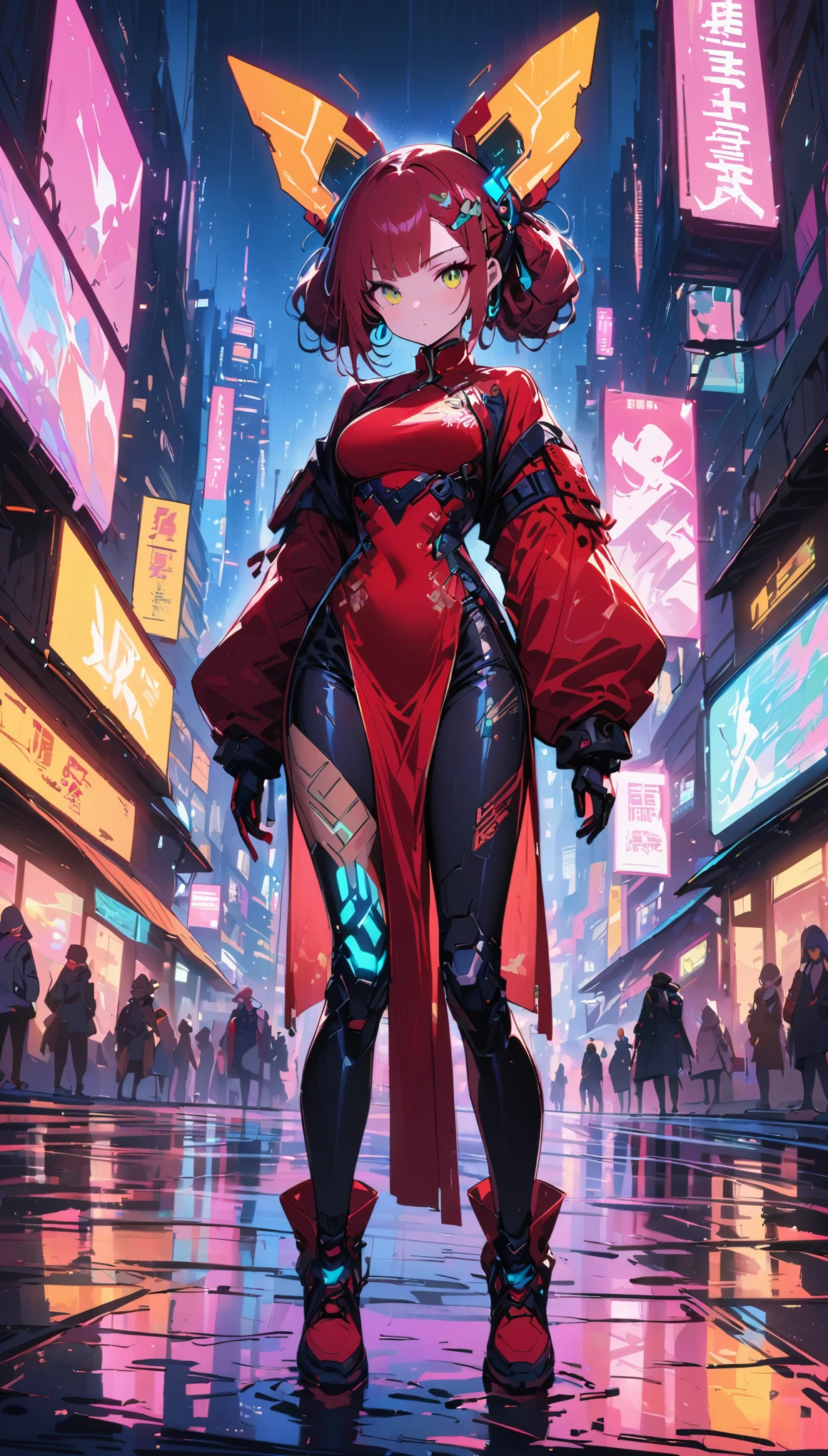 (Meilleure qualité), (Très fin), (chef-d&#39;œuvre), illustration, Costume chinois de fille cyberpunk, （cyberpunk，Vêtements de style chinois，Implants cybernétiques），regarder la caméra,accessoires pour cheveux, couleurs vives，néons，horizon de la ville éclatant，Vêtements et chaussures de mode du futur，Une combinaison d&#39;éléments traditionnels et modernes，Avant-garde makeup，Coiffure exquise，confiance et détermination，environnement urbain，sensation métallique，armure mécanique, accessoires magnifiques，Produits de haute technologie，Des améliorations cybernétiques impressionnantes，concentration claire，Détails noueux, Rendu overclocké, lumière de bord cinématographique, Belle lumière, chef-d&#39;œuvre, super détails, travail épique, ultra haute définition, Haute qualité, 32k