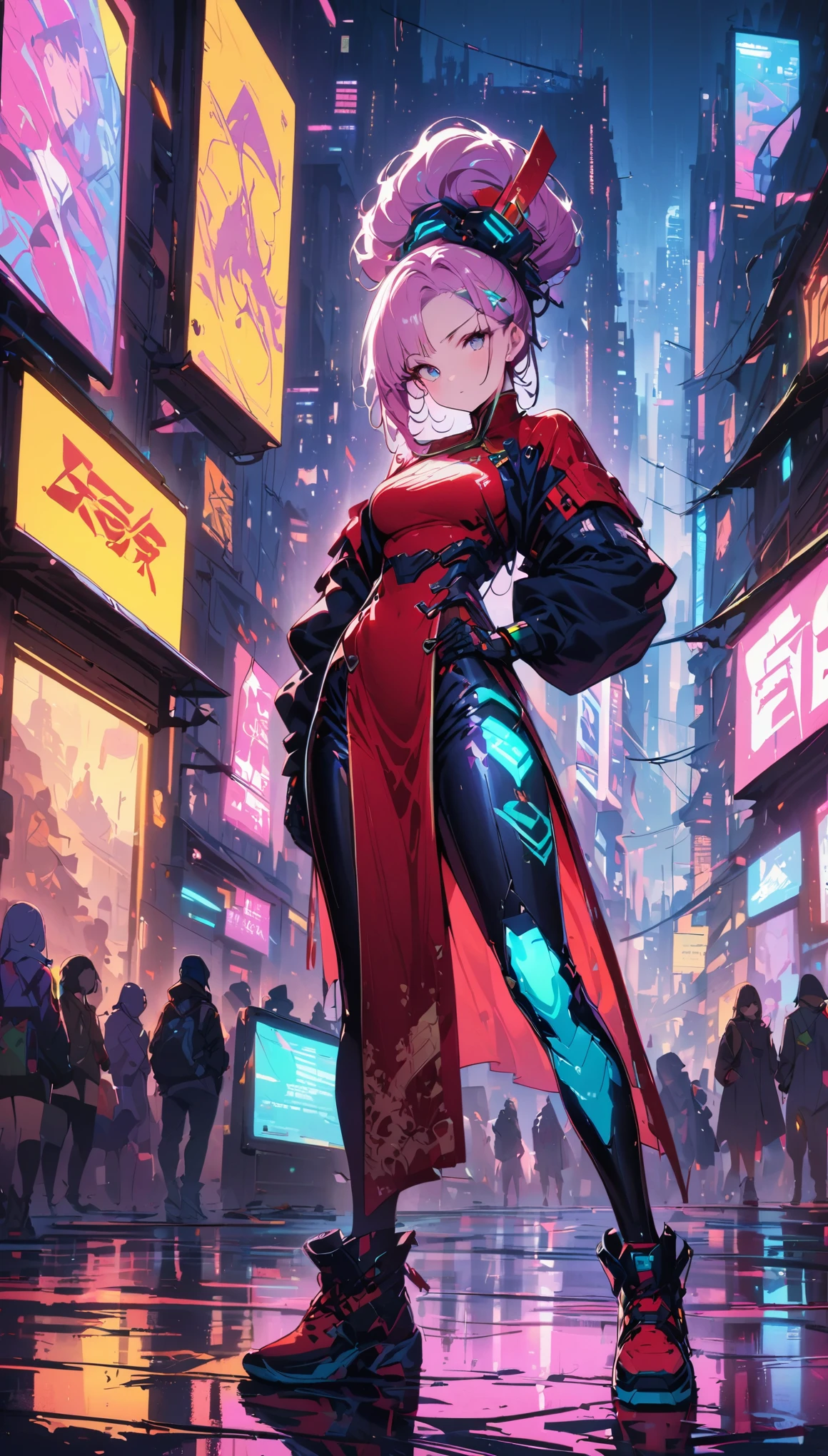 (Meilleure qualité), (Très fin), (chef-d&#39;œuvre), illustration, Costume chinois de fille cyberpunk, （cyberpunk，Vêtements de style chinois，Implants cybernétiques），regarder la caméra,accessoires pour cheveux, couleurs vives，néons，horizon de la ville éclatant，Vêtements et chaussures de mode du futur，Une combinaison d&#39;éléments traditionnels et modernes，Avant-garde makeup，Coiffure exquise，confiance et détermination，environnement urbain，sensation métallique，armure mécanique, accessoires magnifiques，Produits de haute technologie，Des améliorations cybernétiques impressionnantes，concentration claire，Détails noueux, Rendu overclocké, lumière de bord cinématographique, Belle lumière, chef-d&#39;œuvre, super détails, travail épique, ultra haute définition, Haute qualité, 32k