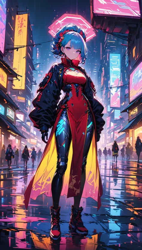 (best quality), (super fine), (masterpiece), illustration, a girl chinese costume cyberpunk, （cyberpunk，chinese style clothing，c...