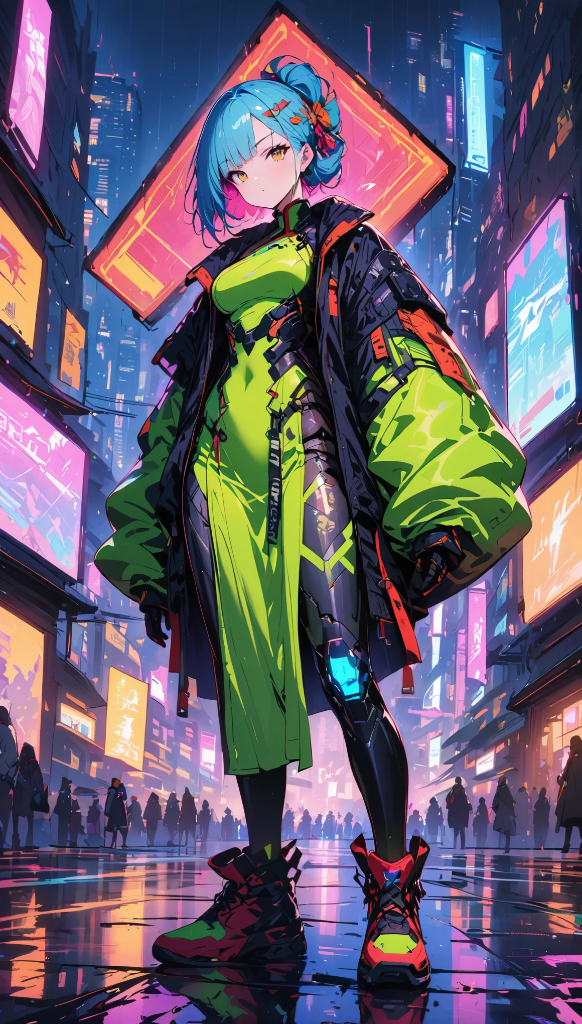 (Meilleure qualité), (Très fin), (chef-d&#39;œuvre), illustration, Costume chinois de fille cyberpunk, （cyberpunk，Vêtements de style chinois，Implants cybernétiques），regarder la caméra,accessoires pour cheveux, couleurs vives，néons，horizon de la ville éclatant，Vêtements et chaussures de mode du futur，Une combinaison d&#39;éléments traditionnels et modernes，Avant-garde makeup，Coiffure exquise，confiance et détermination，environnement urbain，sensation métallique，armure mécanique, accessoires magnifiques，Produits de haute technologie，Des améliorations cybernétiques impressionnantes，concentration claire，Détails noueux, Rendu overclocké, lumière de bord cinématographique, Belle lumière, chef-d&#39;œuvre, super détails, travail épique, ultra haute définition, Haute qualité, 32k