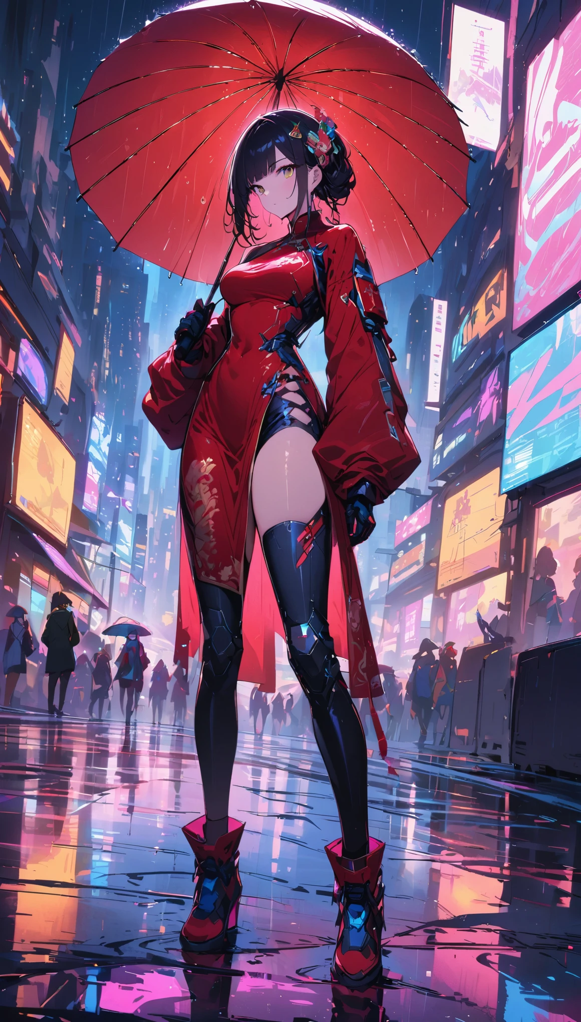 (best quality), (Super fine), (masterpiece), illustration, 一个女孩China costume賽博朋克, (Holding an umbrella)，（cyberpunk，China costume，cybernetic implants），hair accessories, bright colors，dynamic lighting，neon lights，glowing city skyline，Holographic projection，Fashion clothing and shoes of the future，A combination of traditional and modern elements，Avant-garde makeup，Exquisite hairstyle，confidence and determination，city environment，downpour，Reflection on slippery road，metallic feel，Mechanical armor, Gorgeous accessories，high-tech products，Impressive cybernetic enhancements，Clear focus，gnarly details, Overclocked rendering, Cinematic edge light, fine light, masterpiece, Super details, epic work, ultra high definition, high quality, 32k