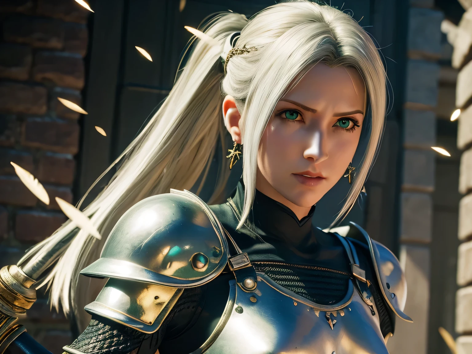 8k,​ masterpiece, best quality, ff7r style, Rhea, AraneaHighwind, 1girl, ((white hair)), ((green eyes)), long hair, high ponytail, portrait, blurry background, ((gold armor)), ((holding a lance)), lance, earrings, gloves, white dress, solo, forehead protector, ((dragoon)), facing viewer, cinematic lighting, dynamic pose, chainmail, breastplate, hair ornament, feather wing, light particles