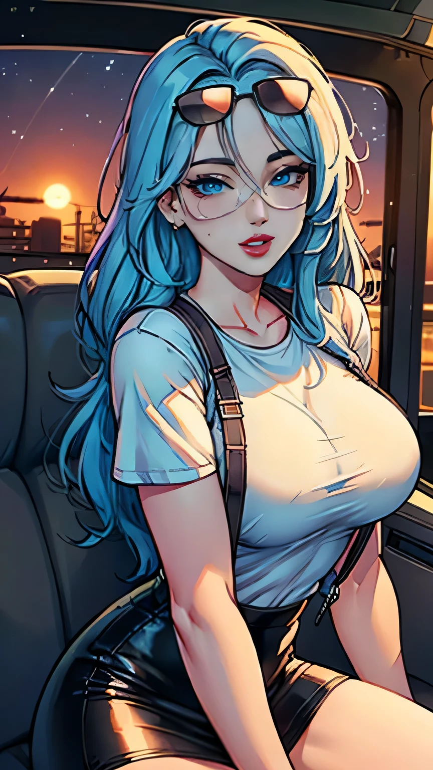Masterpiece, raw,  beautiful art, professional artist, 8k, art style by sciamano240, very detailed face, very detailed hair, 1 girl , perfectly drawn body, beautiful face, long light blue hair , very detailed blue eyes , rosey cheeks, intricate details in eyes , happy expression, lipstick, very close up on face, night time, sitting inside a sport cars, sitting in driver seat, wearing white t shirt, black suspenders, leather pencil skirt, sun glasses on head, joyful smile, 