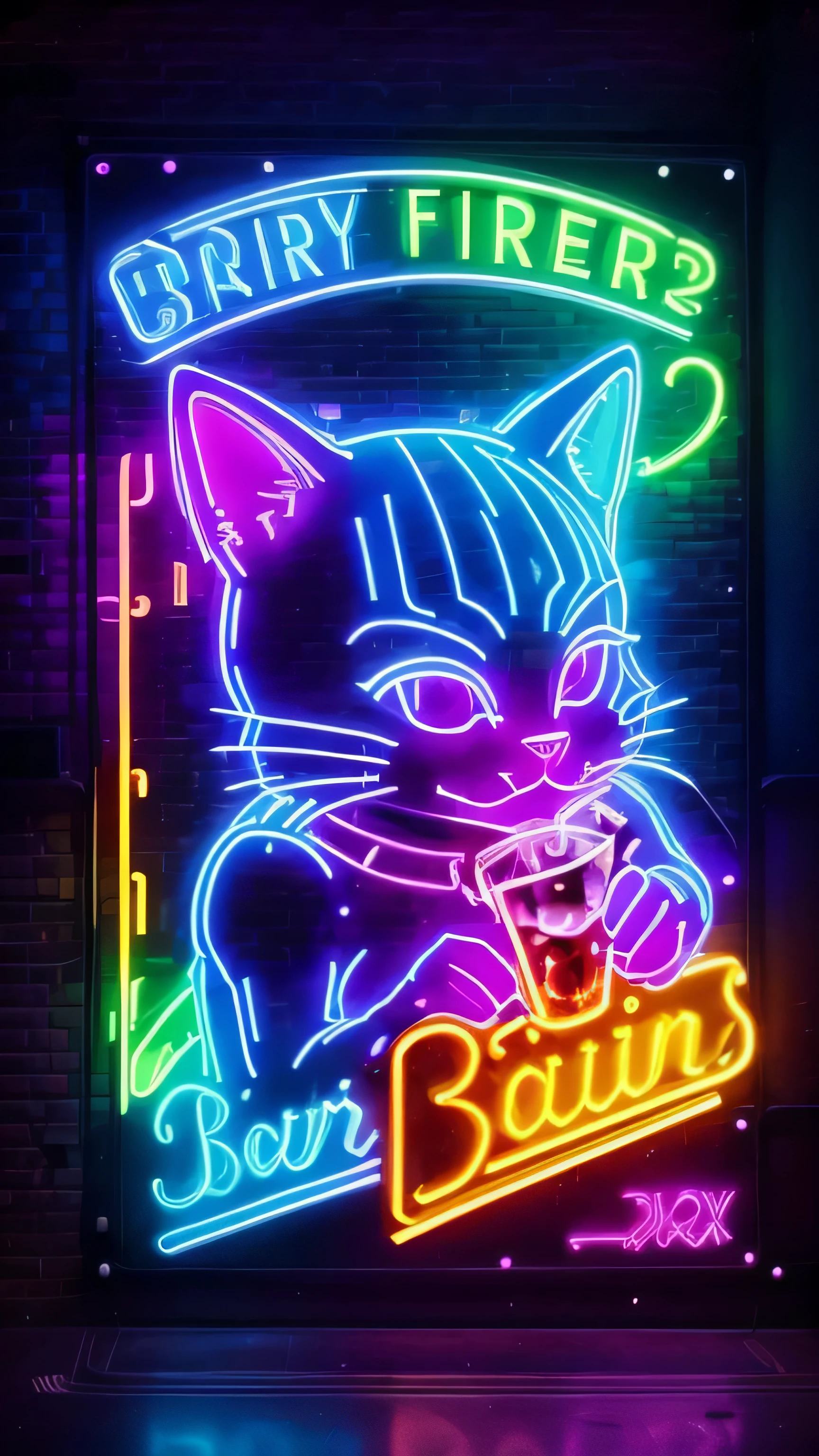 front (facade) bar cat: neon sign shape cat head. Vibrant sign, lively bar bay window, lively city street, urban nightlife, vibrant colors, energetic atmosphere, modern cityscape, bright windows, lively nightlife, lively crowd, electric power, an urban atmosphere, lively streets, illuminated buildings, dynamic urban landscape, lively activity, lively nightlife scene, vibrant and colorful atmosphere, energetic nightlife, sparkling neon lights, lively city streets, bright signs, lively city night, vibrant urban scene, dazzling lights, vibrant city nightlife, modern metropolis. 