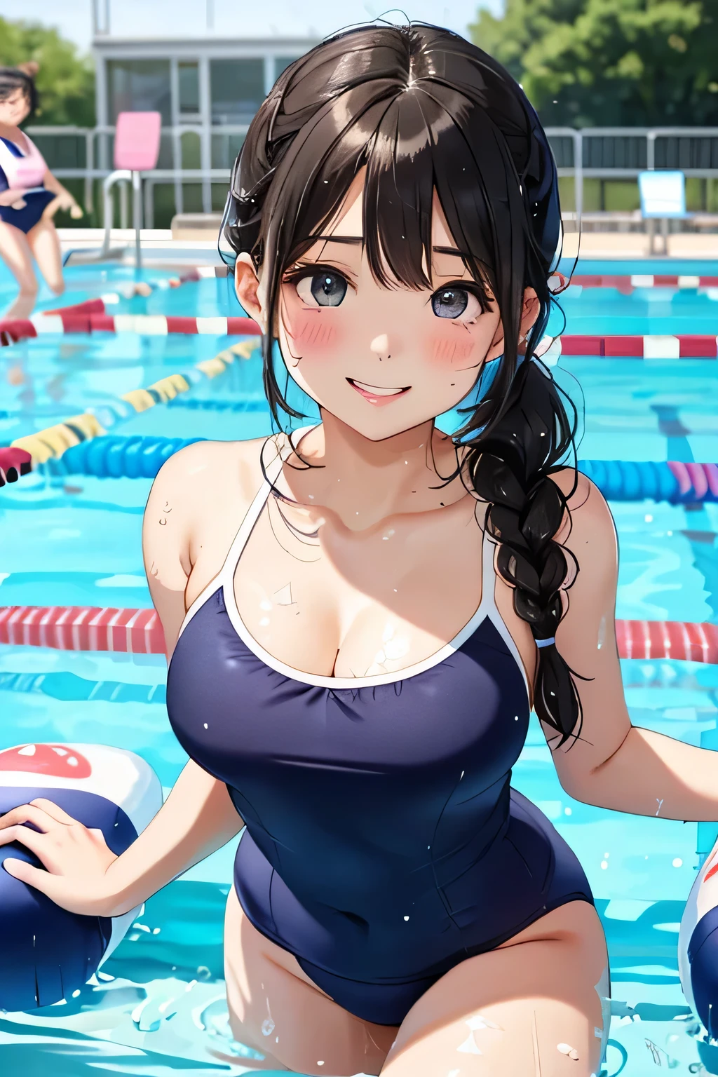 highest quality、High resolution、detailed background、masterpiece、cute10 year old beautiful girl、(5 women)、navy blue school swimsuit、brown hair、black hair、braided ponytail、Each has a cute braided hairstyle、(huge breasts:1.1)、realistic images、perfect body line、thick thighs、show your whole body、detailed face、emphasize the chest、
(Five beautiful girls wearing school swimsuits are having fun at the school pool.:1.5)、
playfully splashing water on each other、happy look、smile、open your mouth and smile、smile、sexual expression、Swimsuits that glow when wet、the whole body is wet、Hair is also wet、cute