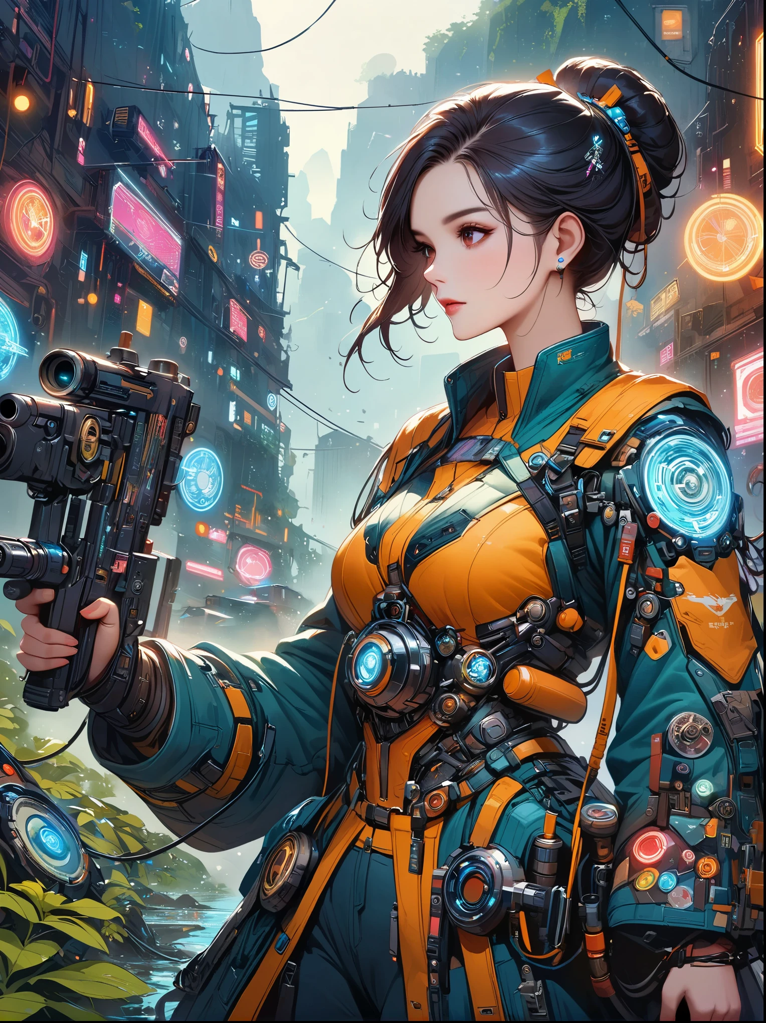 best picture quality，8k，high resolution，masterpiece，Super detailed，Realistic，ultra high definition，studio lighting，Super fine，Physical rendering，Extremely detailed description，major，Bright colors，female warrior，future，battlefield，steel体，Detailed mechanical parts，cable，gear，complex，atmosphere，Art Station Trend，Abnormal Art Trendechanized body，Hold a gun in both hands，(gun focus)，Aim at the target，intricate details，Neon light rays surround，Complex and detailed machinery，Meticulous facets，steel，chrome，polished metal，cable，piston，Servo motors，off-white，weathered，cyberpunk，oil slick，electric，fantasy